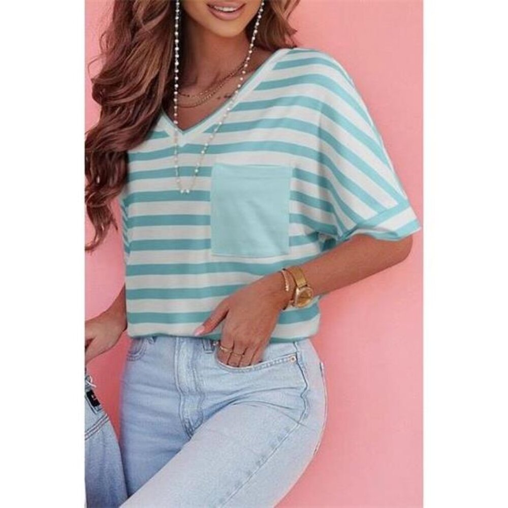 Stripe V Neck Patched Pocket Casual T Shirt